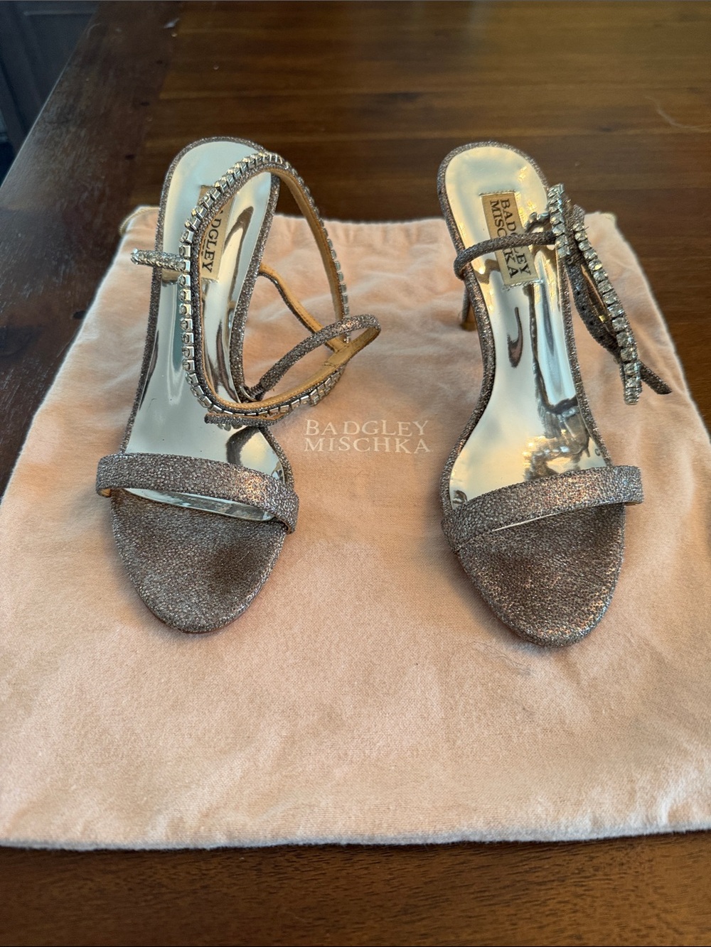Badgley Mischka Rose Gold Glitter Crystal-Strap Heeled Sandals